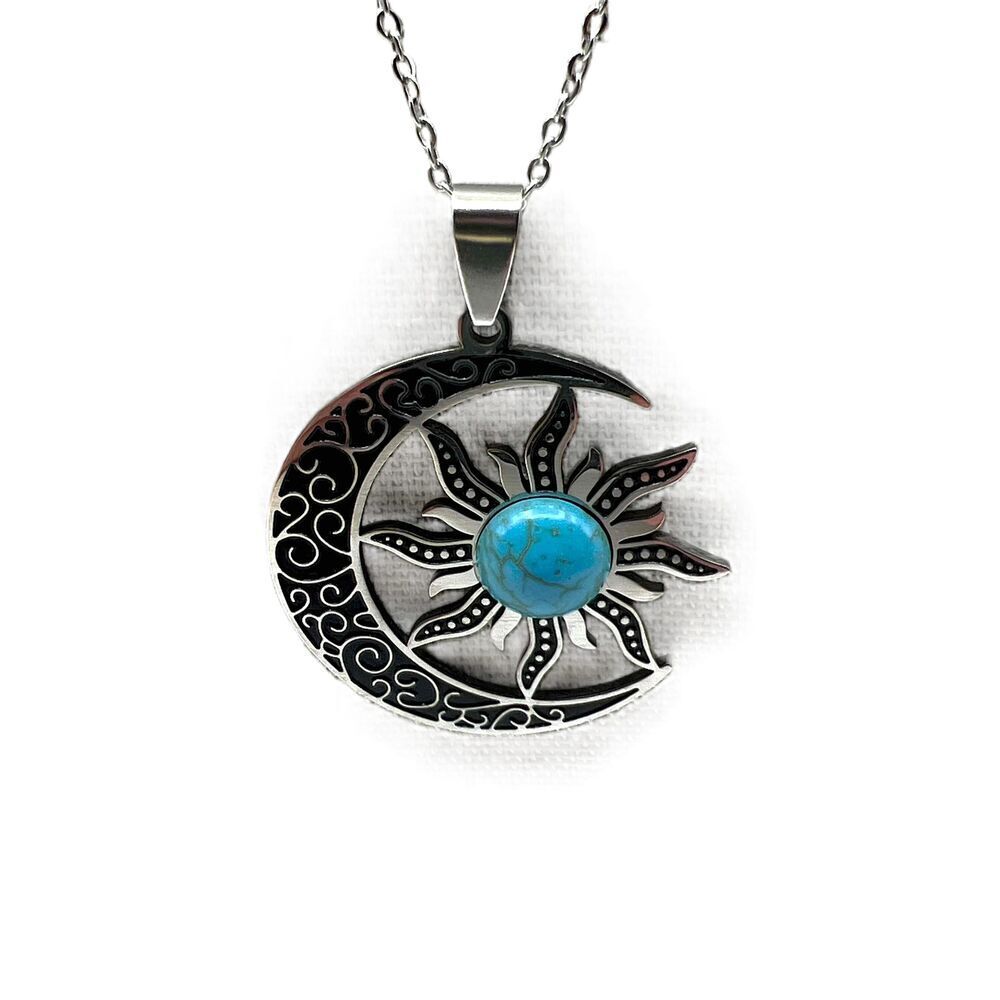 NEW Faux Turquoise Silver Chain Sun And Moon Pendant Necklace - Picture 3 of 9